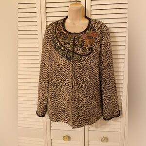 Chico's Womens Cheetah Print Cardigan Size 2 Floral Sequin Artsy Embroidered